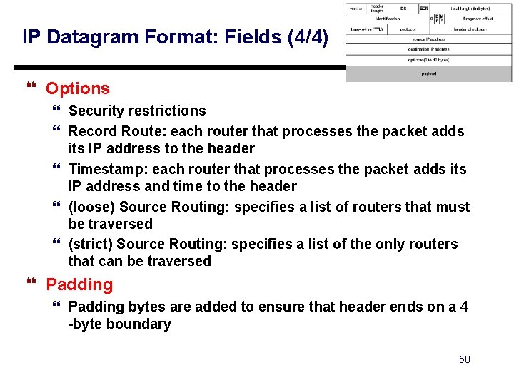 IP Datagram Format: Fields (4/4) } Options } Security restrictions } Record Route: each