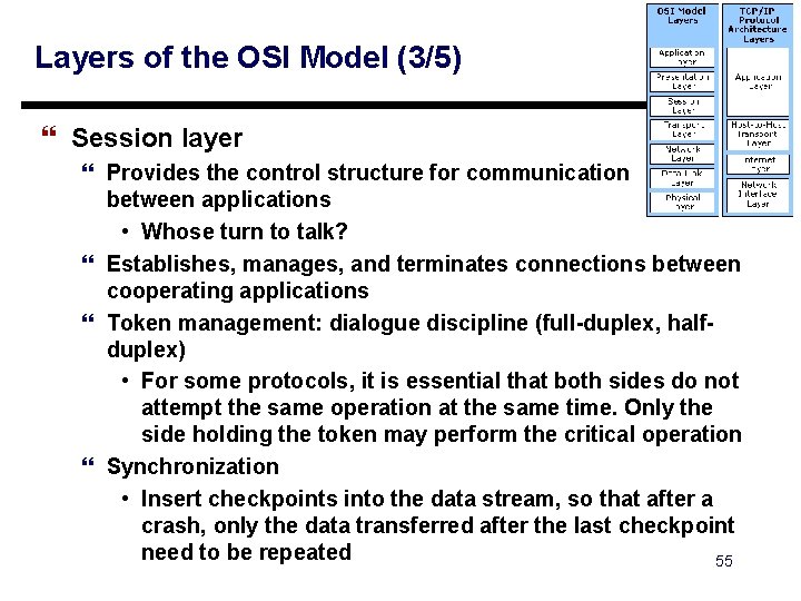 Layers of the OSI Model (3/5) } Session layer } Provides the control structure