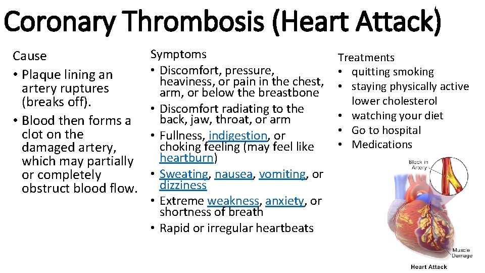 Coronary Thrombosis (Heart Attack) Cause • Plaque lining an artery ruptures (breaks off). •