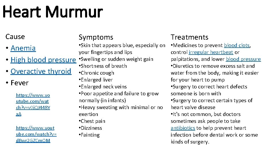 Heart Murmur Cause Treatments Symptoms • Skin that appears blue, especially on • Medicines