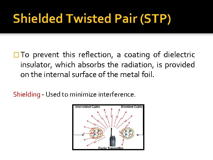 Shielded Twisted Pair (STP) � To prevent this reflection, a coating of dielectric insulator,