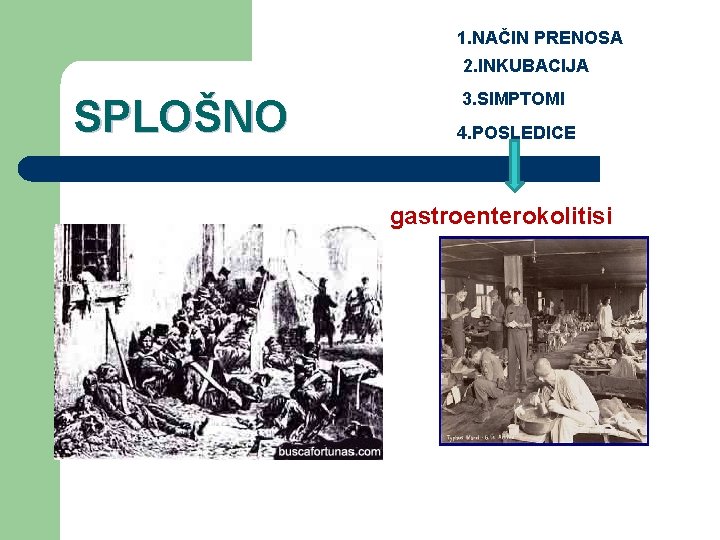 1. NAČIN PRENOSA 2. INKUBACIJA SPLOŠNO 3. SIMPTOMI 4. POSLEDICE gastroenterokolitisi 