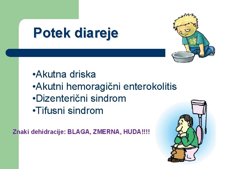 Potek diareje • Akutna driska • Akutni hemoragični enterokolitis • Dizenterični sindrom • Tifusni
