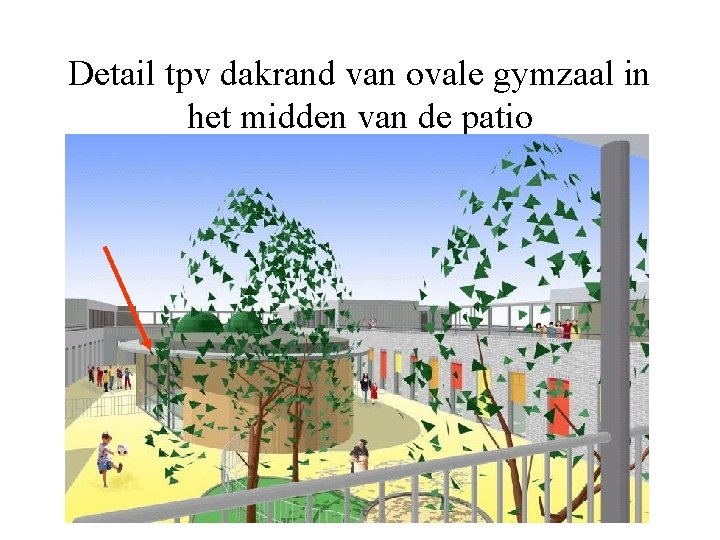 Detail tpv dakrand van ovale gymzaal in het midden van de patio 