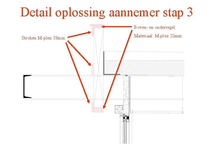 Detail oplossing aannemer stap 3 Boven- en onderregel Stroken M-plex 18 mm Materiaal: M-plex