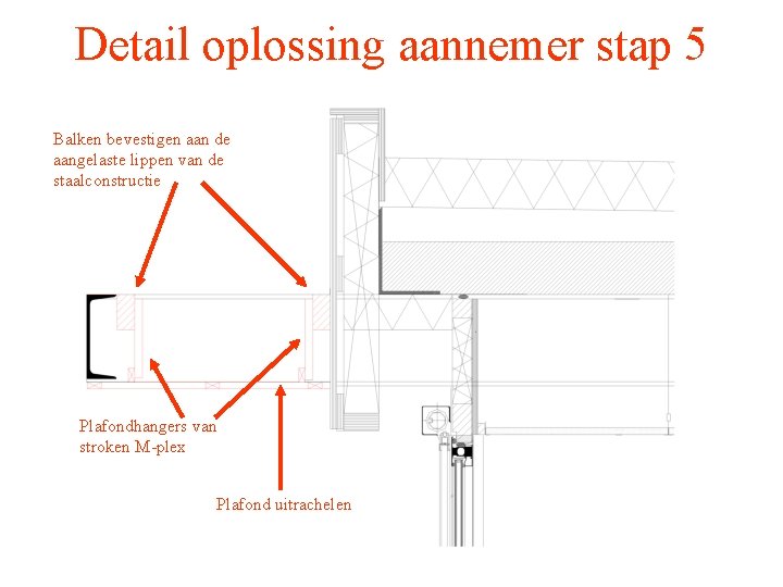 Detail oplossing aannemer stap 5 Balken bevestigen aan de aangelaste lippen van de staalconstructie