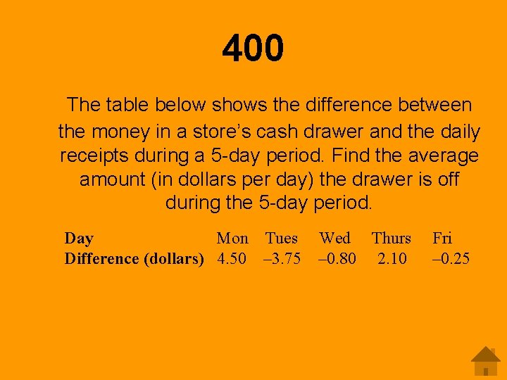 400 The table below shows the difference between the money in a store’s cash