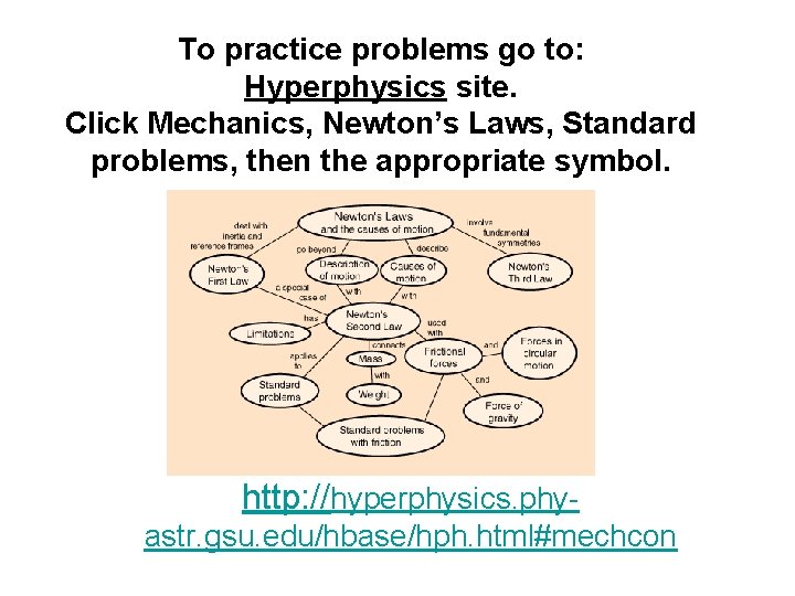 To practice problems go to: Hyperphysics site. Click Mechanics, Newton’s Laws, Standard problems, then