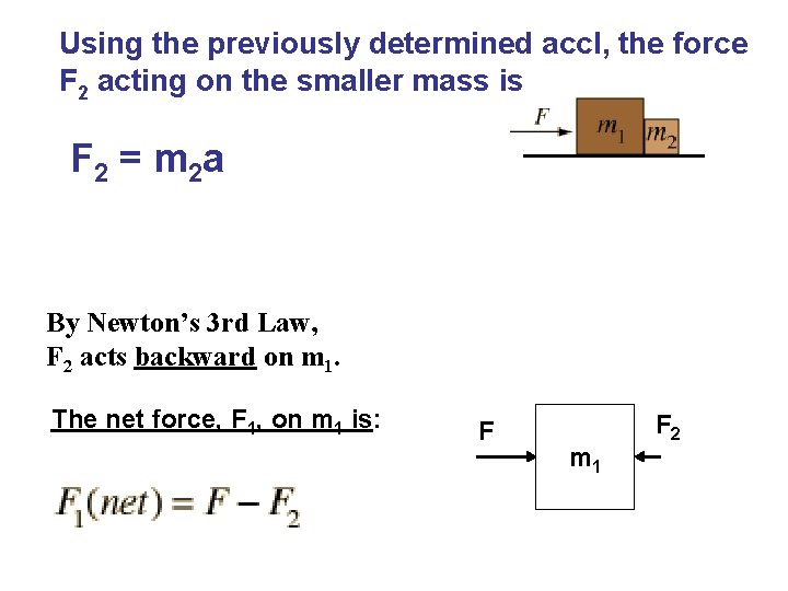 Using the previously determined accl, the force F 2 acting on the smaller mass