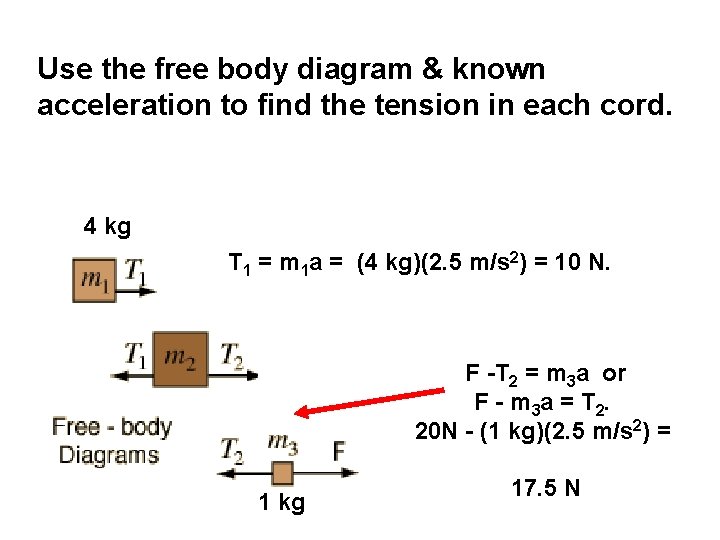 Use the free body diagram & known acceleration to find the tension in each