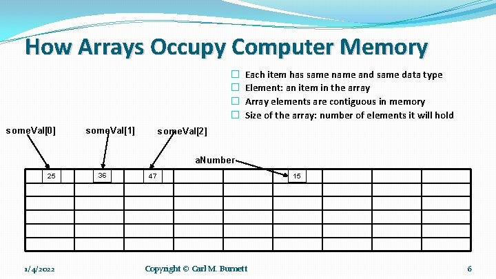 How Arrays Occupy Computer Memory � � some. Val[0] some. Val[1] Each item has