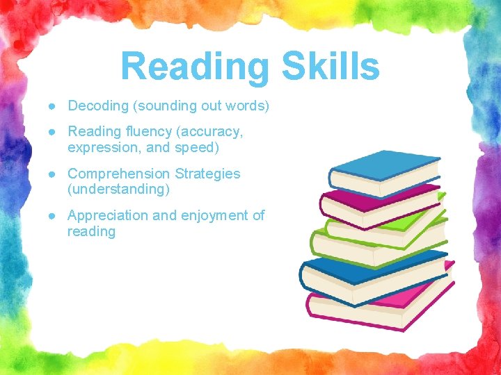 Reading Skills ● Decoding (sounding out words) ● Reading fluency (accuracy, expression, and speed)