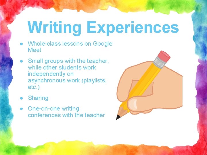 Writing Experiences ● Whole-class lessons on Google Meet ● Small groups with the teacher,