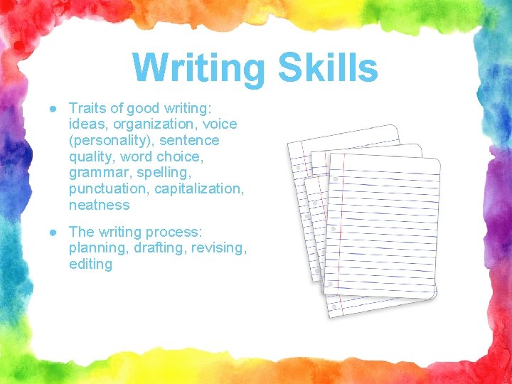 Writing Skills ● Traits of good writing: ideas, organization, voice (personality), sentence quality, word