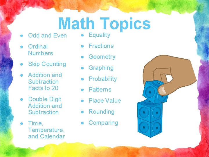 Math Topics ● Odd and Even ● Equality ● Ordinal Numbers ● Fractions ●