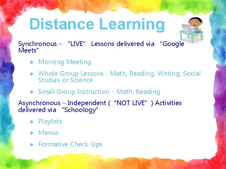 Distance Learning Synchronous – “LIVE” Lessons delivered via “Google Meets” ● Morning Meeting ●