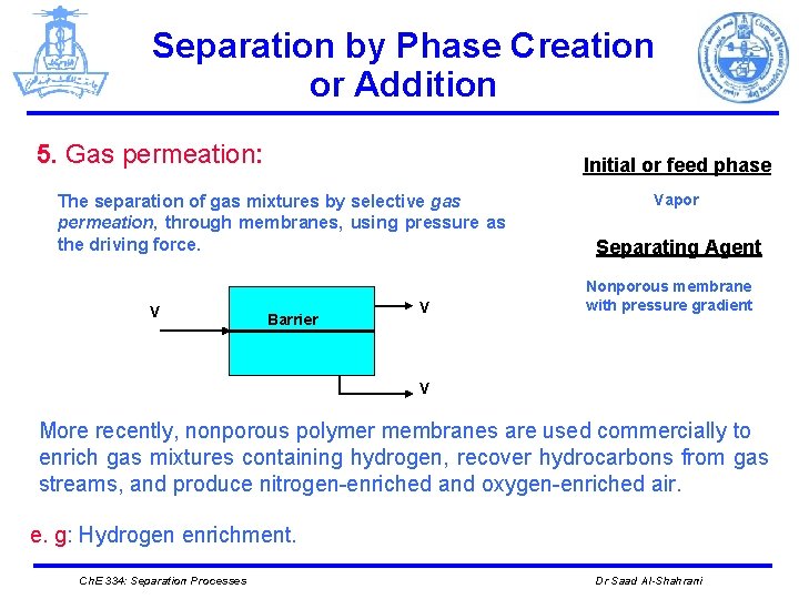 Separation by Phase Creation or Addition 5. Gas permeation: Initial or feed phase The