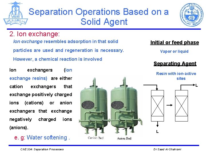 Separation Operations Based on a Solid Agent 2. Ion exchange: Ion exchange resembles adsorption