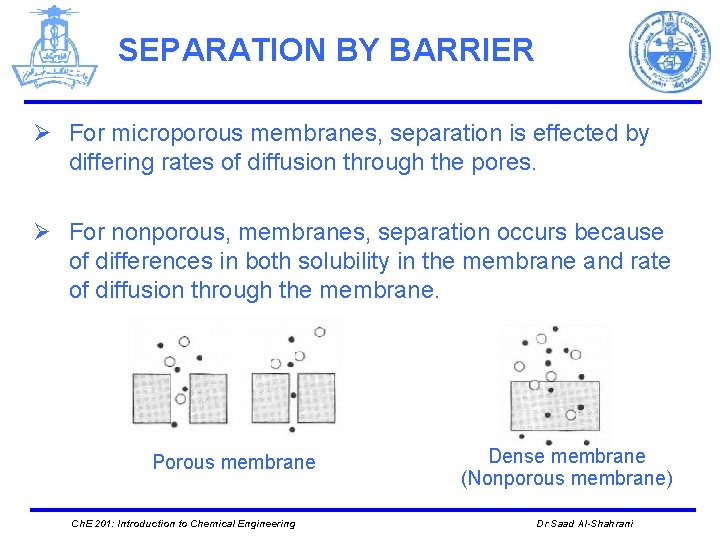 SEPARATION BY BARRIER Ø For microporous membranes, separation is effected by differing rates of