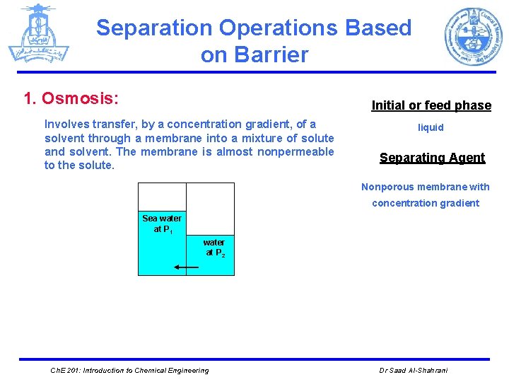 Separation Operations Based on Barrier 1. Osmosis: Initial or feed phase Involves transfer, by