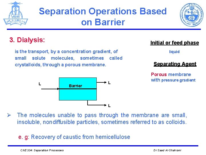Separation Operations Based on Barrier 3. Dialysis: Initial or feed phase is the transport,