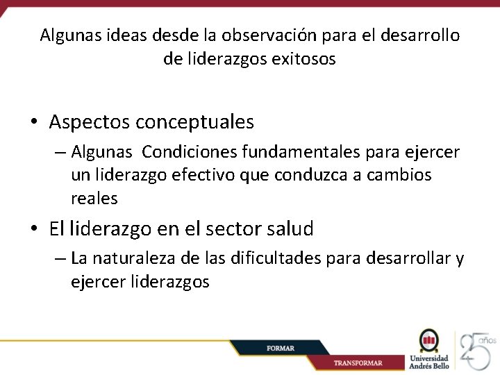 Algunas ideas desde la observación para el desarrollo de liderazgos exitosos • Aspectos conceptuales