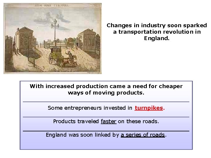 Changes in industry soon sparked a transportation revolution in England. With increased production came