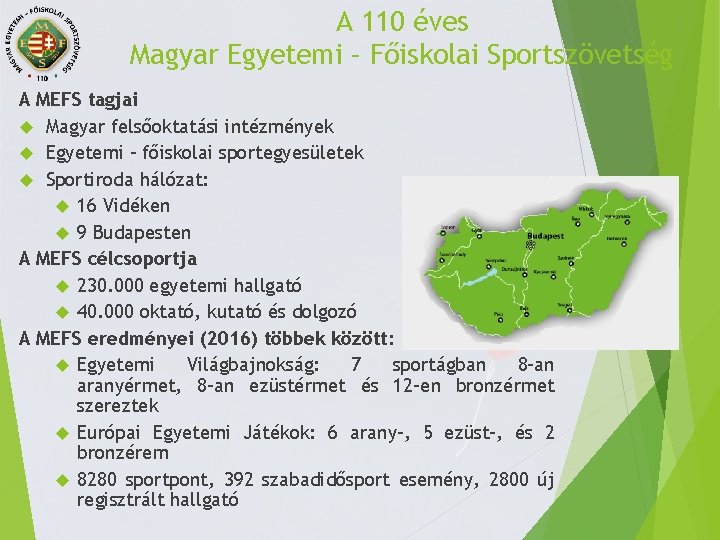 A 110 éves Magyar Egyetemi – Főiskolai Sportszövetség A MEFS tagjai Magyar felsőoktatási intézmények
