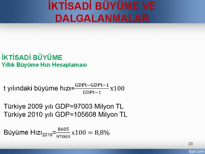 İKTİSADİ BÜYÜME VE DALGALANMALAR İKTİSADİ BÜYÜME Yıllık Büyüme Hızı Hesaplaması 20 