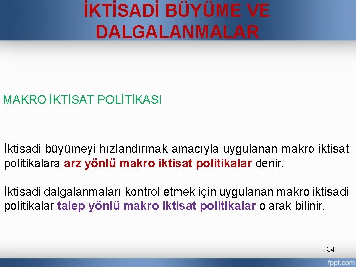 İKTİSADİ BÜYÜME VE DALGALANMALAR MAKRO İKTİSAT POLİTİKASI İktisadi büyümeyi hızlandırmak amacıyla uygulanan makro iktisat