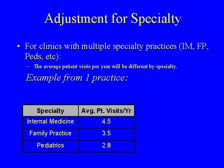 Adjustment for Specialty • For clinics with multiple specialty practices (IM, FP, Peds, etc):