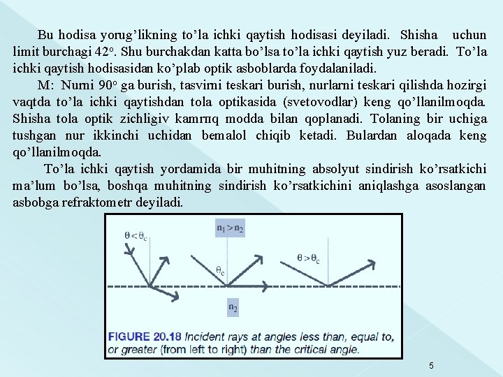 Bu hodisa yorug’likning to’la ichki qaytish hodisasi deyiladi. Shisha uchun limit burchagi 42 o.