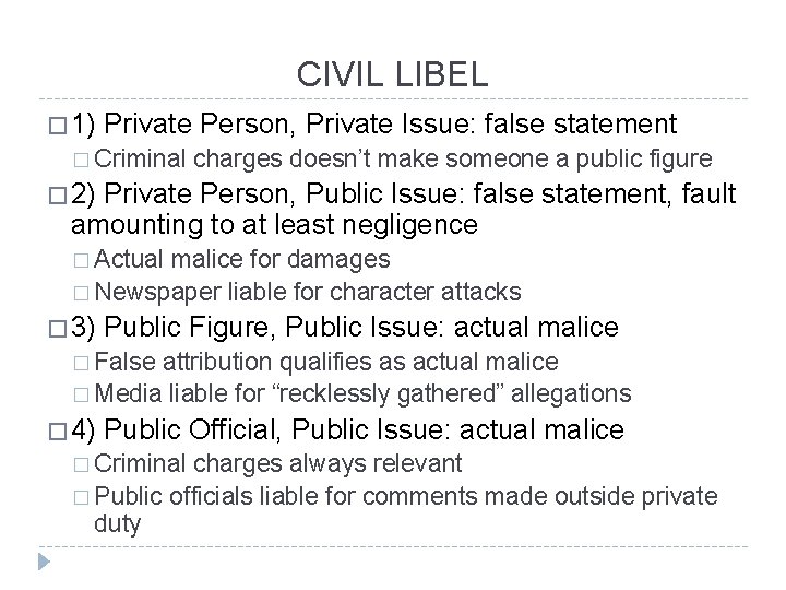 CIVIL LIBEL � 1) Private Person, Private Issue: false statement � Criminal charges doesn’t