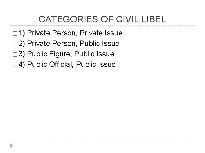 CATEGORIES OF CIVIL LIBEL � 1) Private Person, Private Issue � 2) Private Person,