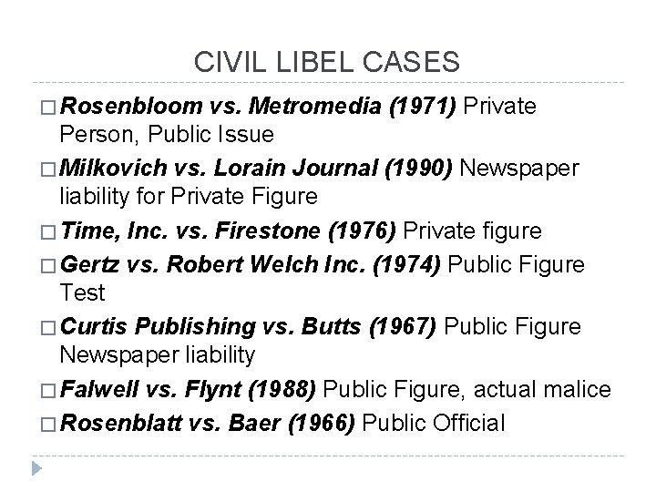CIVIL LIBEL CASES � Rosenbloom vs. Metromedia (1971) Private Person, Public Issue � Milkovich