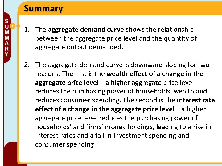 Summary 1. The aggregate demand curve shows the relationship between the aggregate price level
