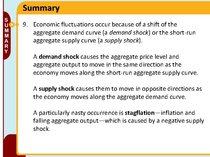 Summary 9. Economic fluctuations occur because of a shift of the aggregate demand curve