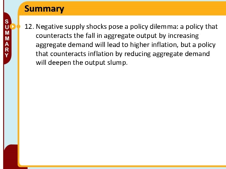 Summary 12. Negative supply shocks pose a policy dilemma: a policy that counteracts the