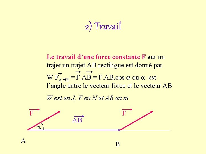 2) Travail Le travail d’une force constante F sur un trajet AB rectiligne est