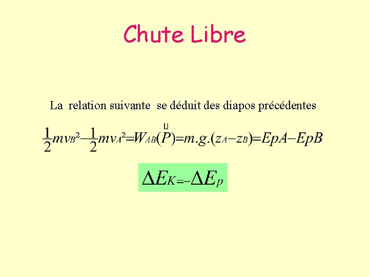 Chute Libre La relation suivante se déduit des diapos précédentes 