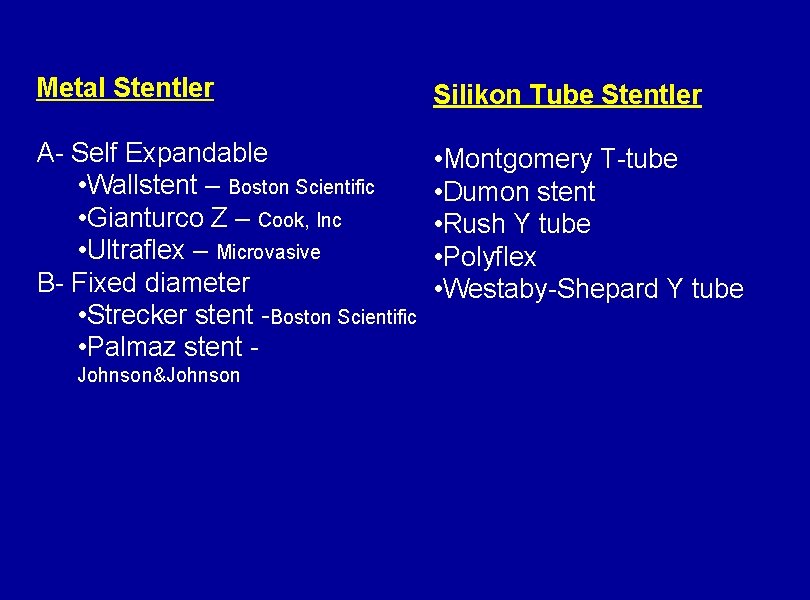 Metal Stentler Silikon Tube Stentler A- Self Expandable • Wallstent – Boston Scientific •