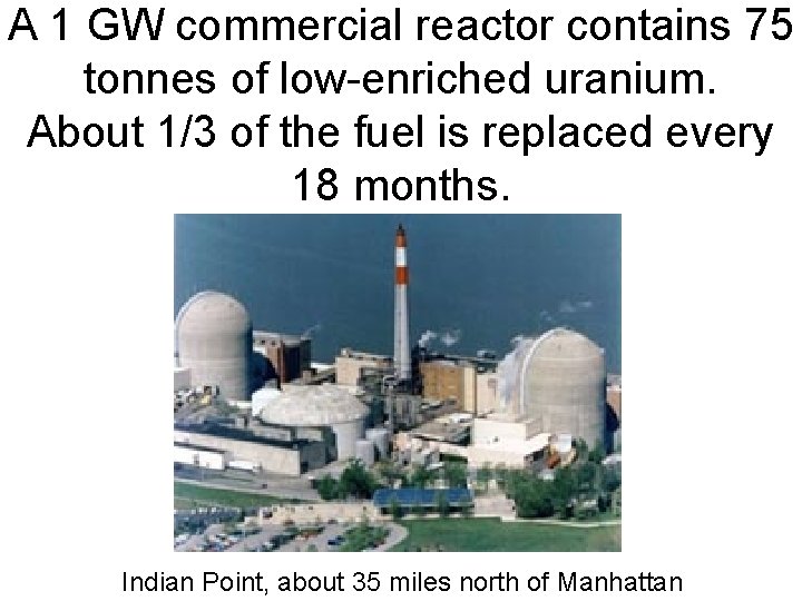A 1 GW commercial reactor contains 75 tonnes of low-enriched uranium. About 1/3 of