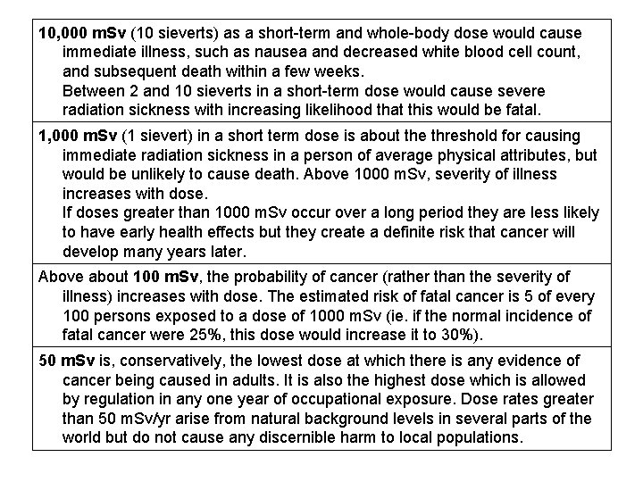 10, 000 m. Sv (10 sieverts) as a short-term and whole-body dose would cause