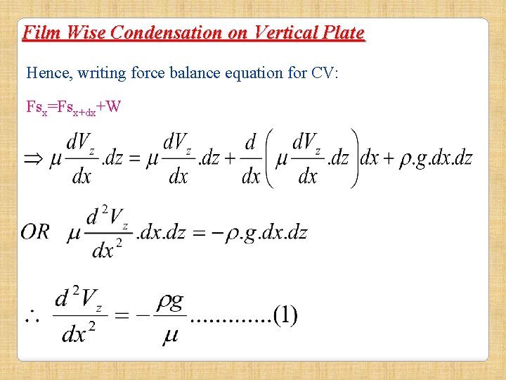 Film Wise Condensation on Vertical Plate Hence, writing force balance equation for CV: Fsx=Fsx+dx+W