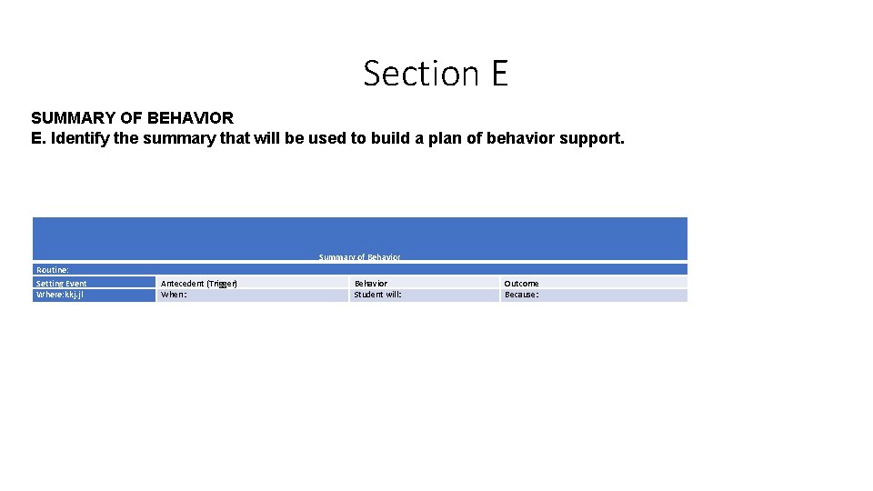 Section E SUMMARY OF BEHAVIOR E. Identify the summary that will be used to