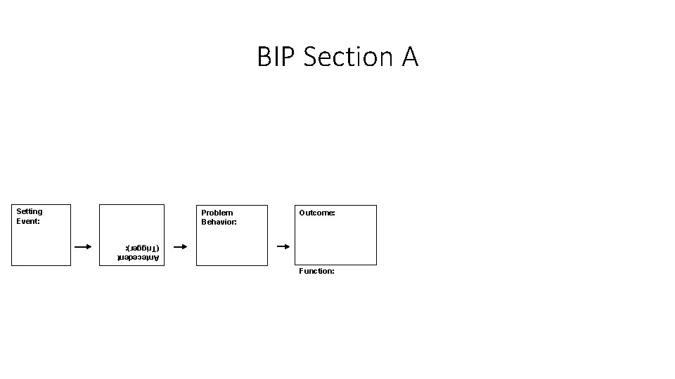 BIP Section A Setting Event: Problem Behavior: Outcome: Antecedent (Trigger): Function: 