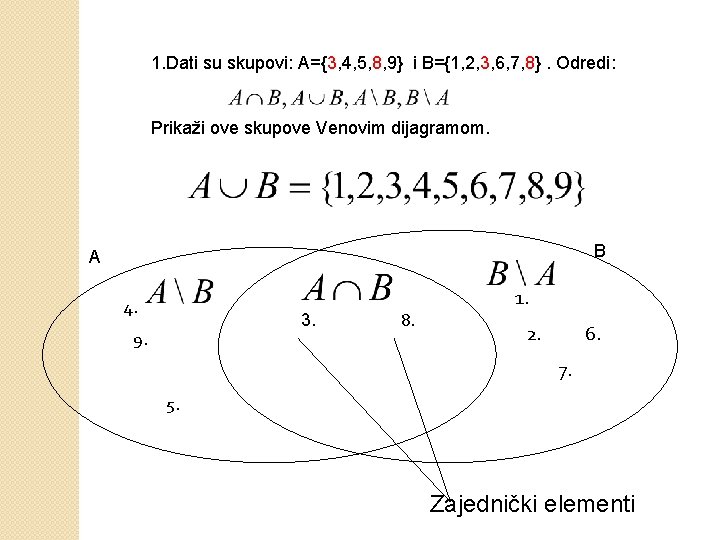 1. Dati su skupovi: A={3, 4, 5, 8, 9} i B={1, 2, 3, 6,