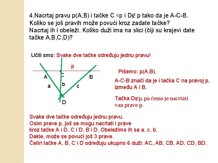 4. Nacrtaj pravu p(A, B) i tačke C ∊p i D∉ p tako da