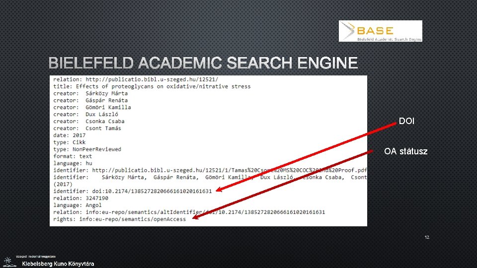 BIELEFELD ACADEMIC SEARCH ENGINE DOI OA státusz 12 