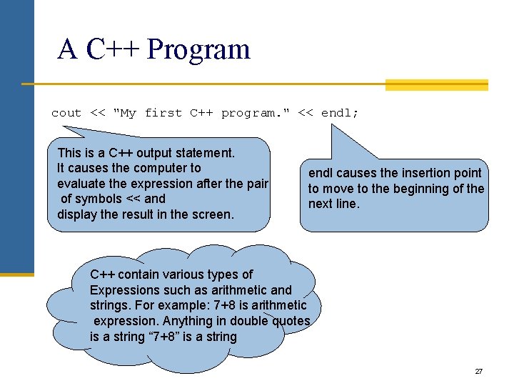 A C++ Program cout << "My first C++ program. " << endl; This is